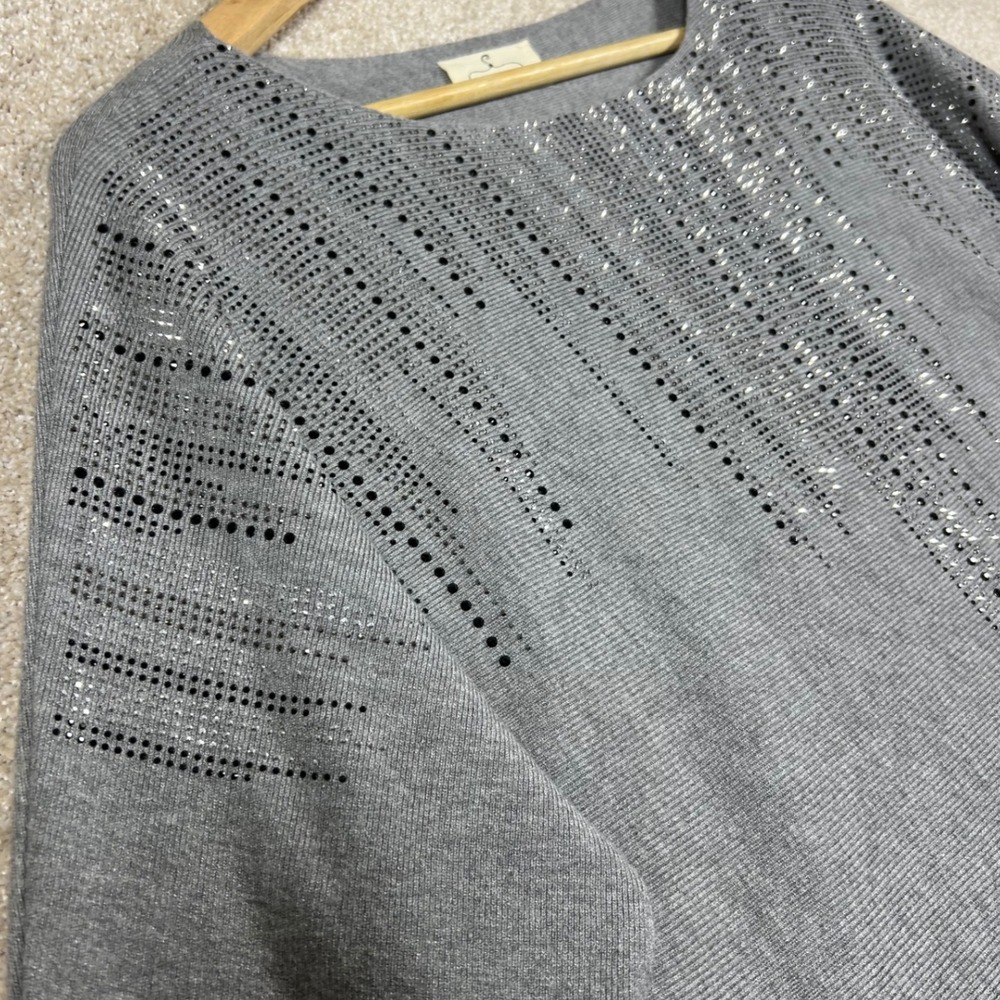 EMBER‎ Embellished Sweater Gray Long Sleeve Round Neck Knit Top Womens Size M